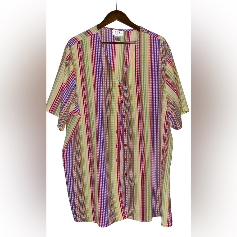 Erena Woman Vintage Vibrant Checkered Button Down Short Sleeve Tunic Top Size 3X